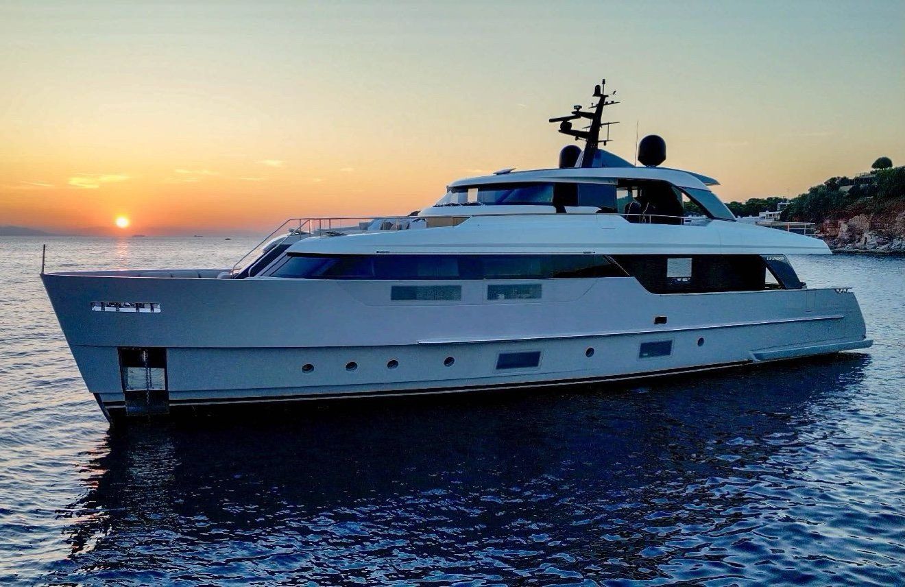 FLORI at anchor at sunset
