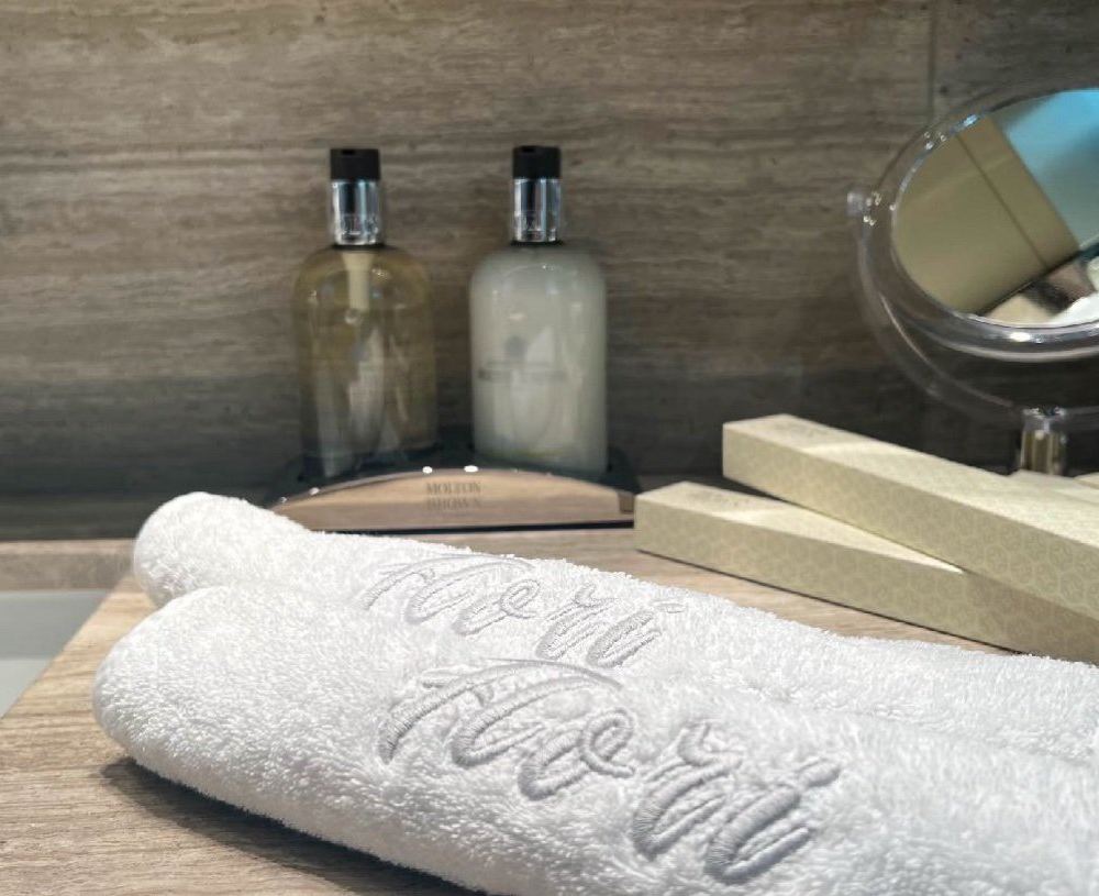 Bathroom vanity with toiletries